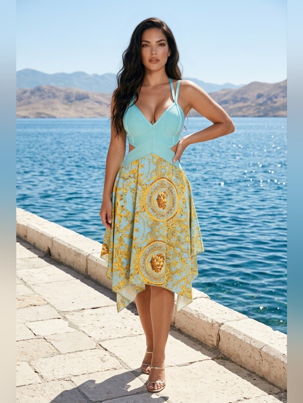 Fashion Nova Aqua & Gold Print High-Low Spaghetti Strap Dress